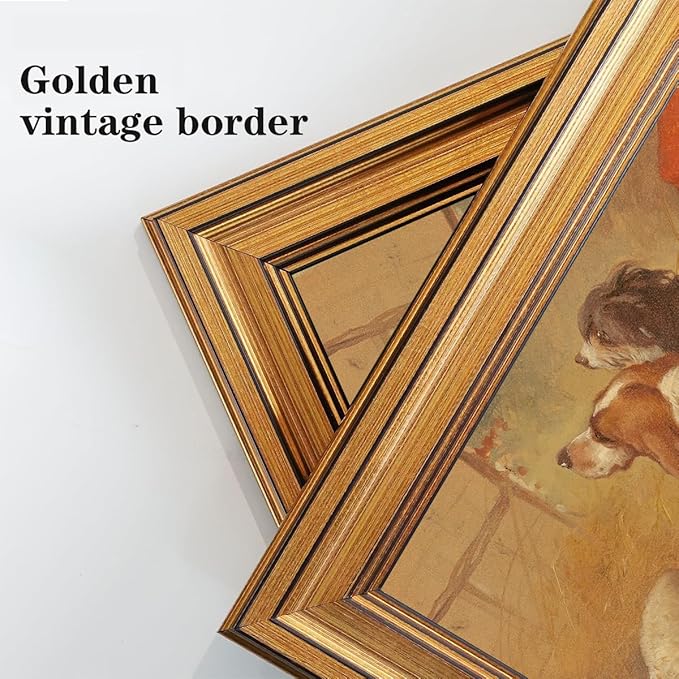 Gold Framed Wall Art Vintage Canvas Wall Art Hound and Bearded Collie Seated on a Hunting Coat Artwork Prints Picture for Living Room Bedroom Farmhouse Bathroom Office Decor, 16x24