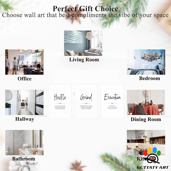 Office Wall Art - 3 Panel Motivational Wall Art, Inspirational Quotes Canvas Art for Home Office Wall Decor, Positive Quotes Wall Decor, Entrepreneur Grind Hustle Execution Poster Frame (24”x36”x3Pcs)