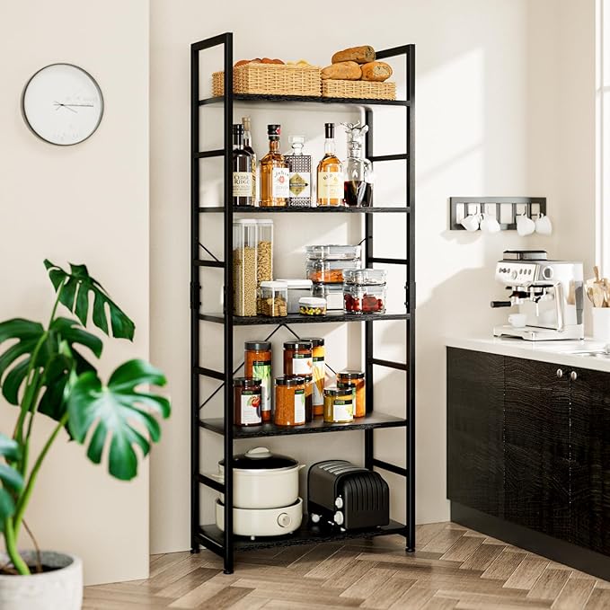 NUMENN 5 Tier Bookshelf, Tall Bookcase Shelf Storage Organizer, Modern Book Shelf for Bedroom, Living Room and Home Office, Black