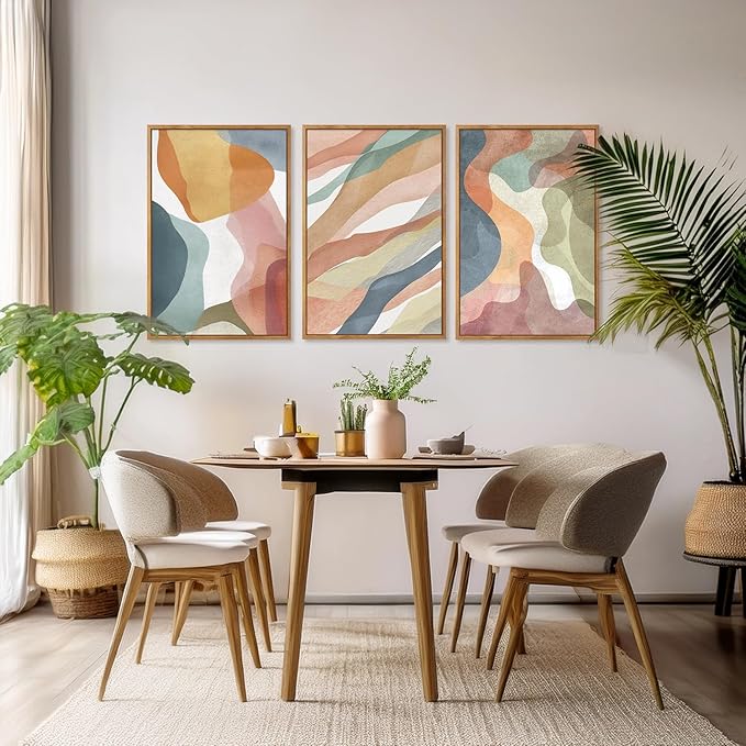CHDITB Colorful Abstract Vibrant Pastel Framed Canvas Wall Art (24"x36"), 3 Panels Muticolor Modern Shape Block Groovy Artwork, Large Watercolor Minimalist Green Blue Yellow Aesthetic Art Decor Paintings for Bedroom Living Room Office