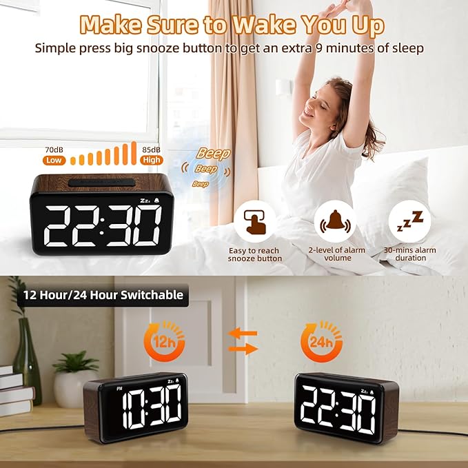 NOKLEAD Digital Alarm Clock: Wood Grain, 5.9-inch Large LED Display, Easy to Use for Seniors and Men, Adjustable Brightness, Aesthetic Room Decor Desk Clocks for Bedroom | Dorm | Living Room | Office
