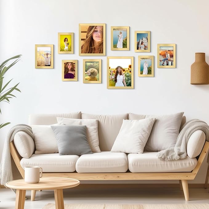 iRahmen Collage Picture Frames Set of 10, Wall Decor for Mounting or Tabletop Display, Family Photo Gallery Frame Set - Multi Sizes Including Two 8x10, Four 5x7, Four 4x6, HD Glass, Wooden, Gold