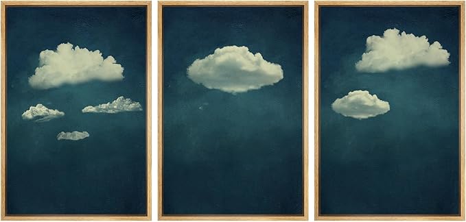 SIGNWIN 3 Piece Framed Canvas Wall Art A Series of White Clouds in The Blue Sky Nature Wilderness Illustrations Abstract Traditional Home Artwork Decoration for Living Room,Bedroom - 24"x36"x3 NATURAL