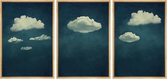 SIGNWIN 3 Piece Framed Canvas Wall Art A Series of White Clouds in The Blue Sky Nature Wilderness Illustrations Abstract Traditional Home Artwork for Living Room,Bedroom - 16"x24"x3 Natural