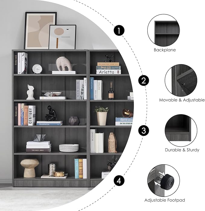 Farini Grey Bookshelf for Bedroom 5 Shelf Office Bookcase 60 Inches Tall Modern Wood Bookshelf for Living Room 5 Tier Wide Manga Bookshelves Library Bookcase