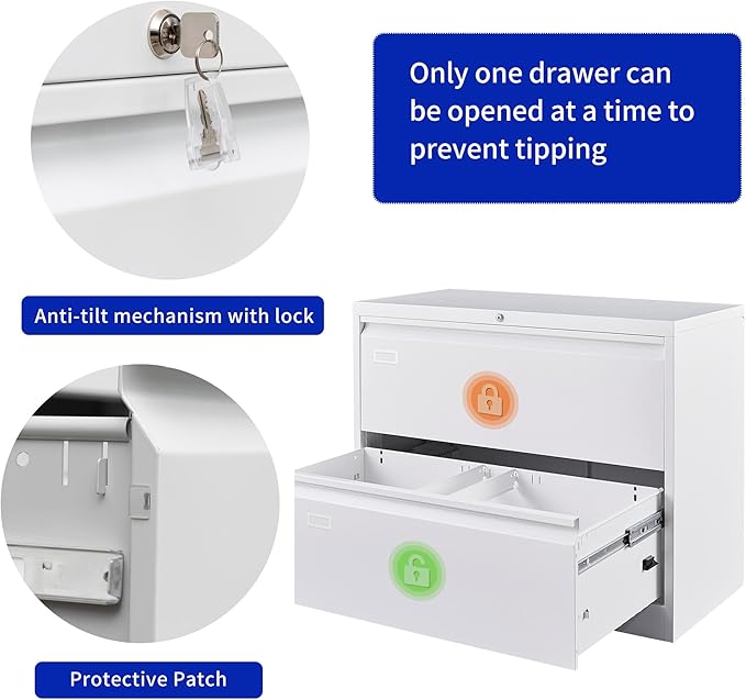 2 Drawer Filing Cabinet, Black Lateral File Cabinet with Lock, Lockable Metal File Cabinet for Home Office, Office File Cabinets for Legal/Letter/A4/F4 Size with Hanging Files&Key (White(2 Drawer))