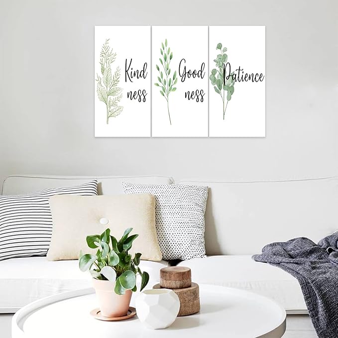 3 Piece Inspirational Wall Art, White Plant Background Picture, Quote "Kind Good Patience" Canvas Print for Office Decor, Triptych Entrepreneur Painting Framed Artwork for Home Wall Decor (36"Wx18" H)