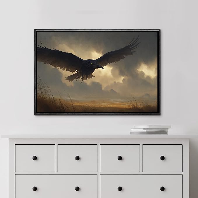 MUDECOR Framed Canvas Print Wall Art Majestic Crow Flying Through Stormy Skies Illustrations Minimalism Decorative Relax Colorful for Living Room, Bedroom, Office - 16"x24" BLACK