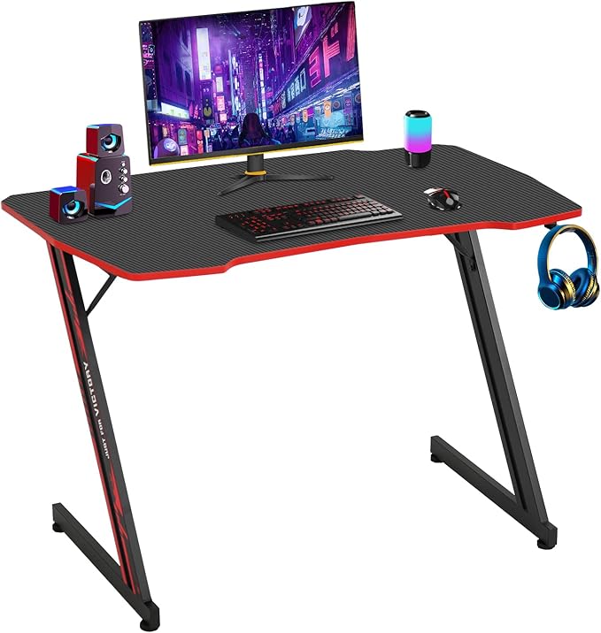 BestOffice 39" Gmaing Desk Computer Gaming Desk Z Shaped Gaming Workstation Ergonomic Gaming Table with Headphone Hook for Game Players (Red)