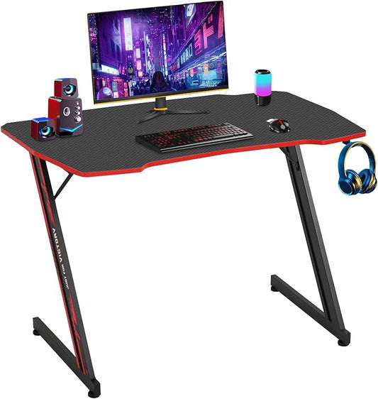 BestOffice 39" Gmaing Desk Computer Gaming Desk Z Shaped Gaming Workstation Ergonomic Gaming Table with Headphone Hook for Game Players (Red)