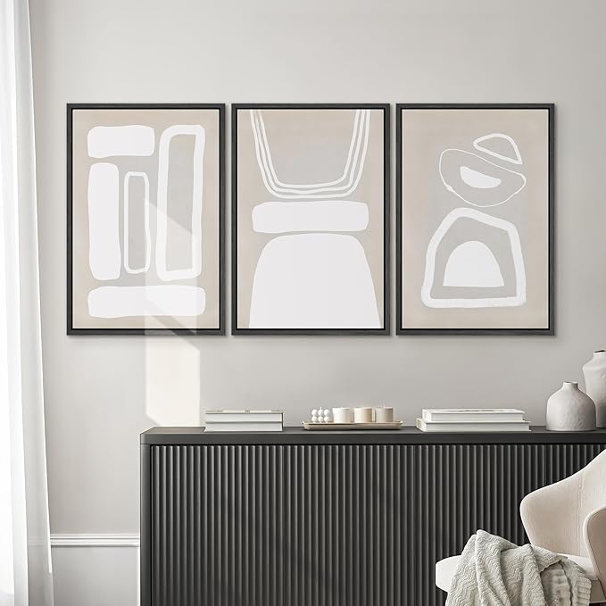 SIGNWIN Framed Canvas Print Wall Art Set Mid-Century Boho Geometric Polygons Abstract Shapes Cozy Neutral Modern Art Decorative Contemporary Minimal for Living Room, Bedroom, Office - 16"x24"x3 Black