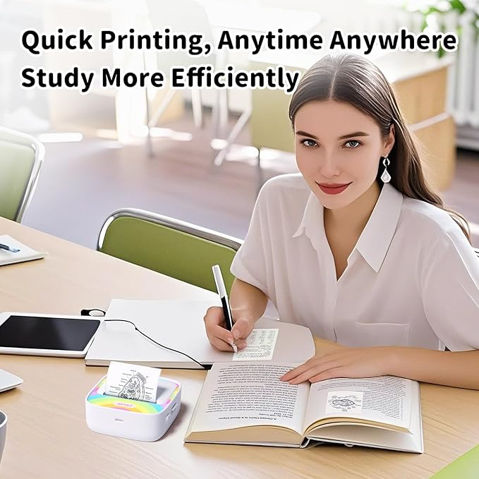 iDPRT Mini Printer with 1 Roll Sticker Paper, Portable Sticker Maker Machine Efficiently and Quickly, Thermal Printer for Study Notes, Pictures, DIY, Label, Rainbow