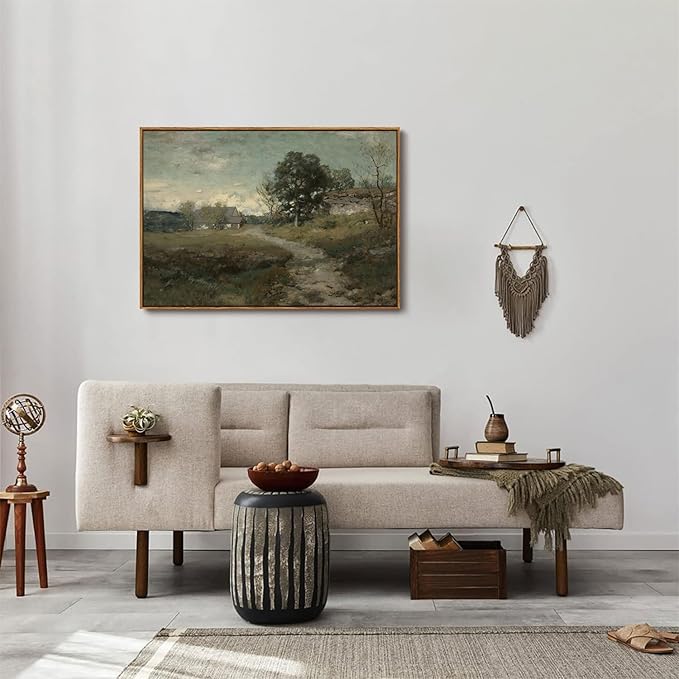 OIQArtOIQ Framed Vintage Landscape Wall Art French Country Cottage Natural Scenery Oil Painting Canvas Prints Farmhouse Fall Decor Aesthetic Pictures for Kitchen Bedroom Living Room Bathroom