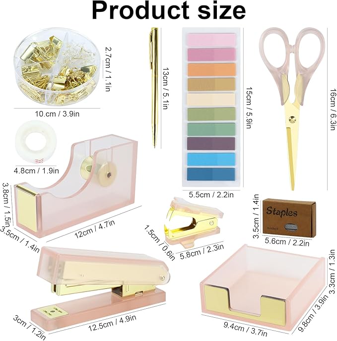 MultiBey Pink Gold Acrylic Sticky Notes Holder Stapler and Tape Dispenser Cutter with Sticky Notes, 950 Staples & Tape, Staple Remover, Scissor, Ballpoint Pen, Paper Clips Set for Women Office Home