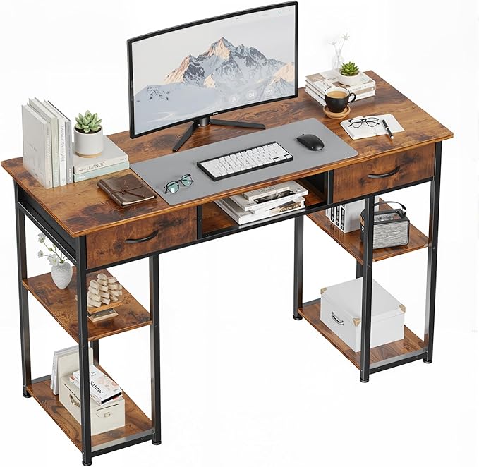 OLIXIS Desk with Storage Fabric Drawers 48 Inch, Home Office Computer Desk for Small Space Bedroom,Modern Study Work Gaming Writing Table PC Desks,Chic Brown