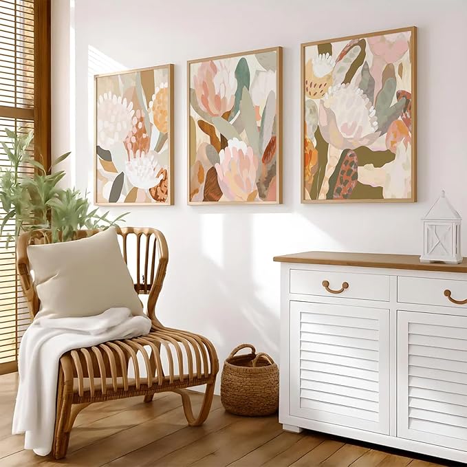 Abstract Flower Wall Art Boho Floral Wall Decor Modern Botanical Canvas Prints Neutral Banksia Flower Pictures Minimalist Floral Poster Painting for Bedroom Living Room 12x16 Inch Unframed Set of 3