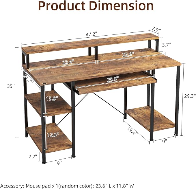 VERMESS 48Inch Computer Desk, Home Office Desks with Keyboard Tray, Gaming Desk with CPU Stand Shelf,Industrial Study Table Wide Writing Desk with Storage Shelves for 2 Monitors, Rustic Brown
