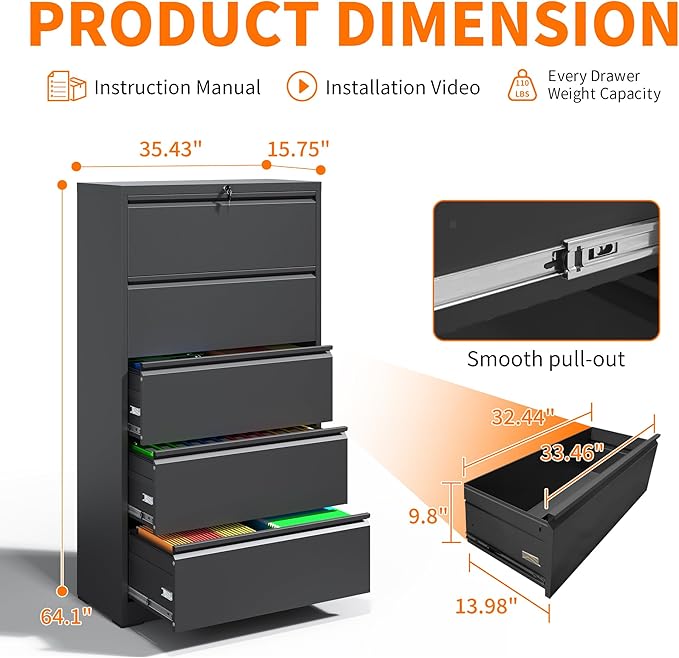 5 Drawer Lateral File Cabinet with Lock,Heavy Duty Large Metal Filing Cabinet Home Office Horizontal File Cabinets Wide Steel Cabinet for Legal/Letter Size File,Assembly Required
