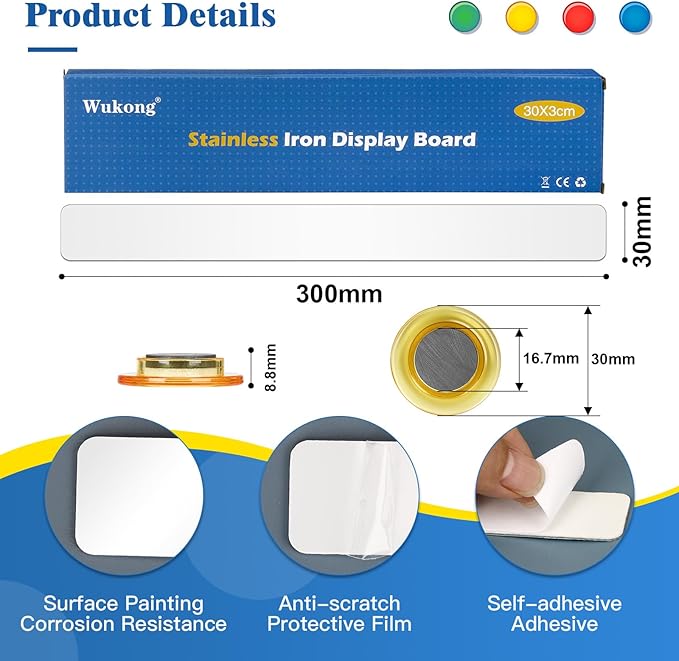 Wukong 4 Pack | 30x3cm(11.81 x 1.18) Magnetic Stainless White Boards Strips, Adhesive Backing Bulletin Bar Board, Memo Board with 16Pcs Colorful Magnets for Office, Home, Photo Wall, Documents