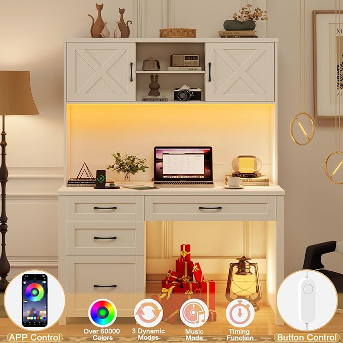 Farmhouse 67" H Executive Desk with Hutch,Office Desk with 4 Drawers and LED Light, Wood Workstation for Home Office and Study, Computer Desk with File Drawers, Charging Station.Cream White