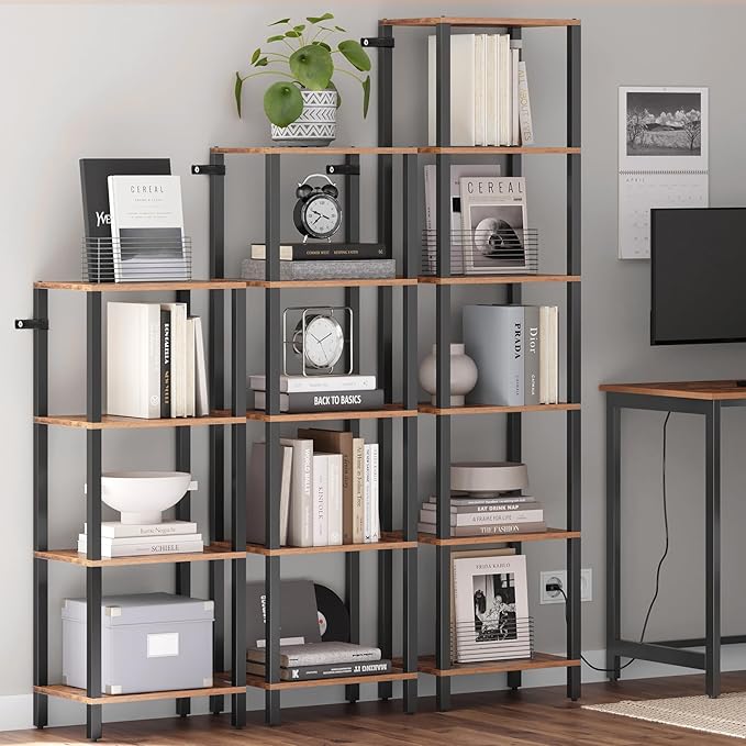 TUTOTAK Bookshelf, 4-Tier Tall Book Shelf, Narrow Bookcase for Small Space, DIY Stackable Bookshelf, for Living Room, Office, Study, Entryway, Industrial, Rustic Brown BS01BB004