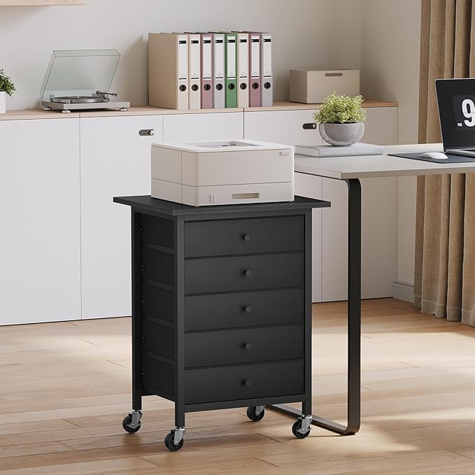 5 Drawer File Cabinet,Rolling Filing Chest Cabinet with Wheels, Under Desk Storage Organizer, Printer Stand with Non-Woven Fabric Drawer, for Home Office, Study, Black FCBK4801