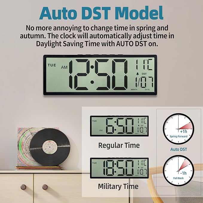 15" Large Digital Wall Clock Battery Operated Black, Clock with Large Display Numbers, Calendar, Auto DST, Clocks for Living Room, Kitchen, Office, Bedroom