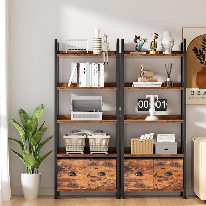 Furologee 5-Tier Bookshelf, Tall Bookcase with 2 Storage Drawers, Industrial Standing Storage Shelf, Wood Metal Display Rack for Living Room Bedroom Home Office, Rustic Brown