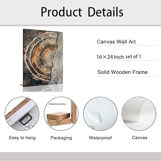 IBHJSART Framed Tree Ring Canvas Wall Art Vintage Colorful Wood Stump Painting Prints Modern Minimalist Pictures Neutral Nature Rustic Farmhouse Decor Living Room Bedroom Bathroom Office