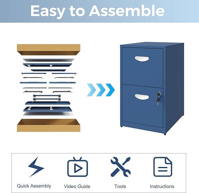 2 Drawer File Cabinet with Lock, Metal File Cabinet for Home Office, Under Desk Storage, Printer Stand, for Letters and File Boxes, Assembly Required, Blue