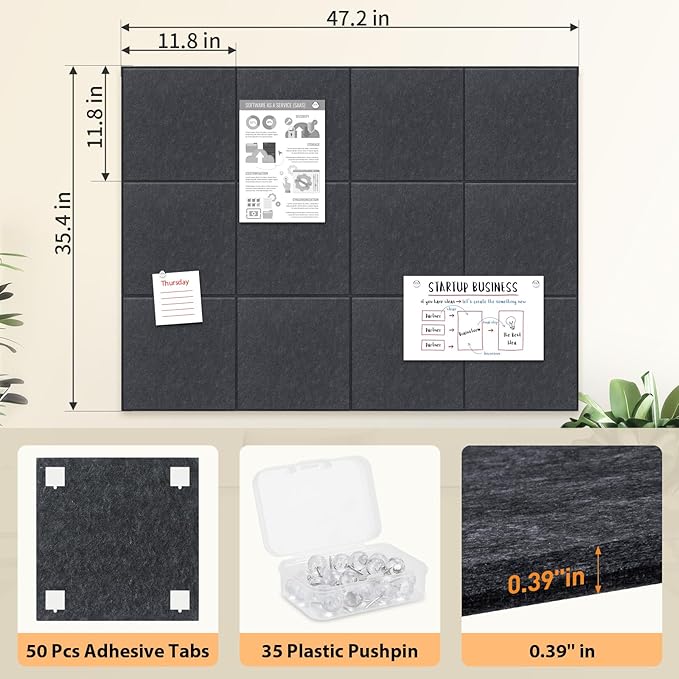 Smarpau Large Cork Board for Walls, 12 Pack Square Bulletin Board, 48"x36" Pin Board with Pushpins Removable Security Stickers, Felt Wall Tiles for Office Home Decoration-Dark Grey