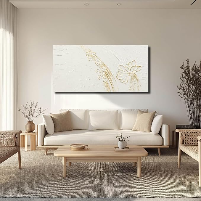 VAYIMDH White Paintings Texture Wall Art Canvas Pictures Gold Hand Drawn Arts Beautiful Floral Wall Decor for Home Office 24"x48"
