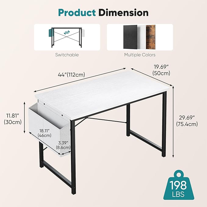 OLIXIS Computer Desk 44 Inch Home Office Desks for Small Spaces, Gaming Writing Study Work Table with Storage Bag and Headphone Hook for Bedroom, White