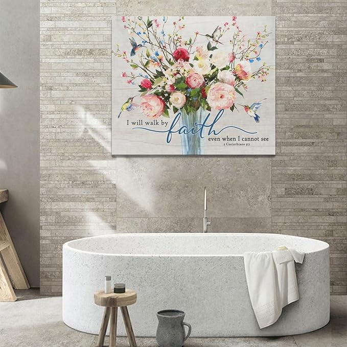 Christian Wall Art Bible Verses Pictures Wall Decor Rustic Floral Canvas Country Flower Print Painting Modern Home Artwork for Bathroom Bedroom Living Room Office Framed 24"x20"