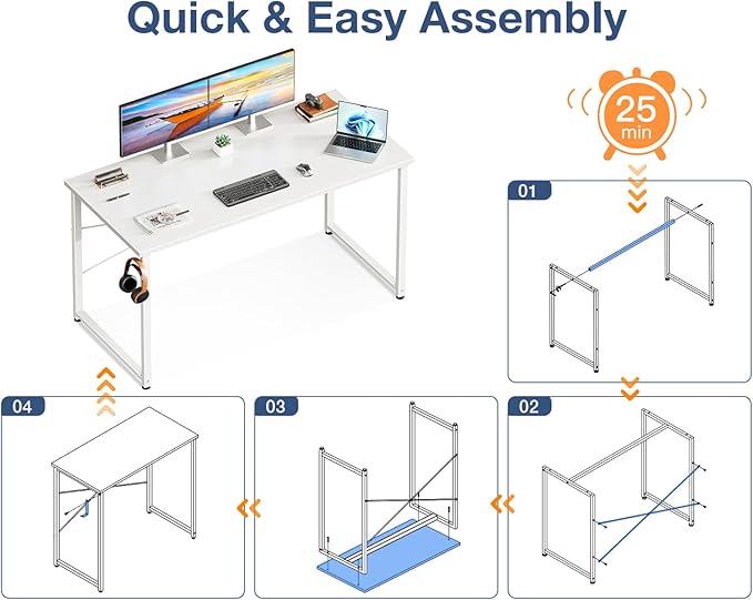 Casaottima 48 Inch Small Computer Desk for Home Office, Study Writing Table for Small Spaces, Simple Modern Desk with Headphone Hooks, White
