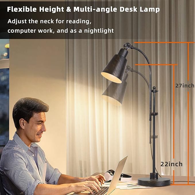 Metal Desk Lamp Rustic Task Lamp Black Adjustable, Industrial Style Lamp with On/Off Switch, Vintage Work Reading Lamp for Bedroom, Study Room &Office, ETL Certificate. (Black)