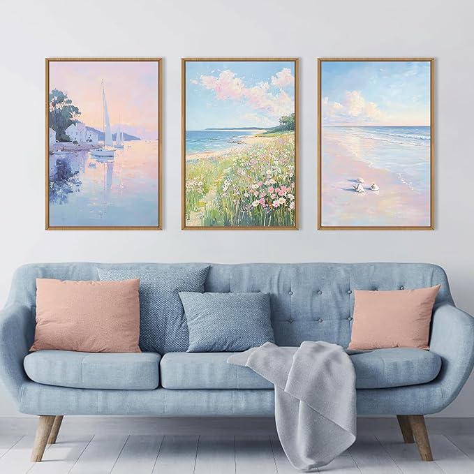 Aryroi Spring Pink Blue Coastal Wildflower Framed Canvas Wall Art Set,Watercolor Preppy Pastel Floral Sailboat Seascape Decor,Dreamy Colorful Soft Sunrise Beach Artwork for Living Room,Farmhouse- 24"x36"x3