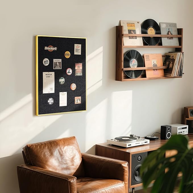 Linen Bulletin Board 30 x 20 Inches, White Cork Board for Wall, Gold Aluminum Framed Fabric Pin Board Tack Board, 10 Push Pins, Black Linen