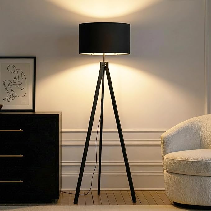 Brightech Eden Tripod LED Floor Lamp – Mid Century Dimmable Modern Light for Contemporary Living Rooms - Tall Free Standing Lamp with Solid Wood Legs for Bedroom, Office - Classic Black