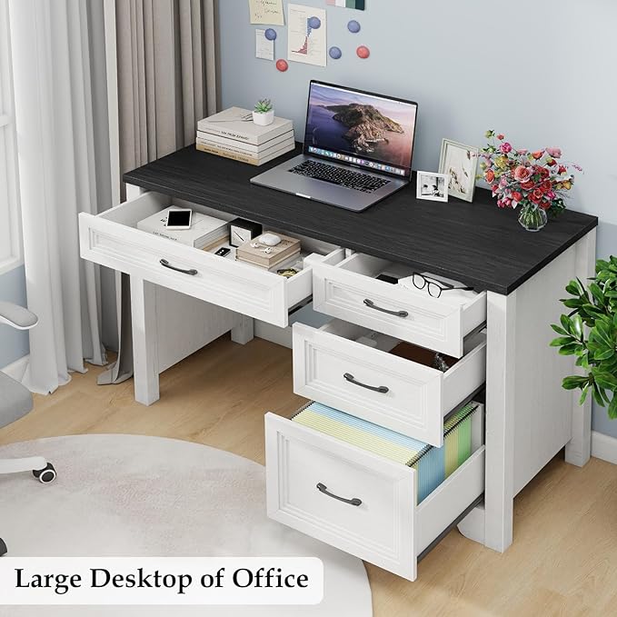 Farmhouse Executive Desk with Drawers, Wood Computer Desk with Ample File Drawer, Rustic Home Office Desk with Storage for Bedroom, Living Room, Black