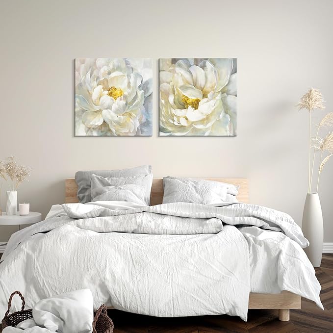SEVEN WALL ARTS Peony Flower Canvas Wall Art Peonies Floral Pictures Set Abstract White and Yellow Blossom Paintings for Bedroom Living Room Home Office Decor 24"x24"x2pcs