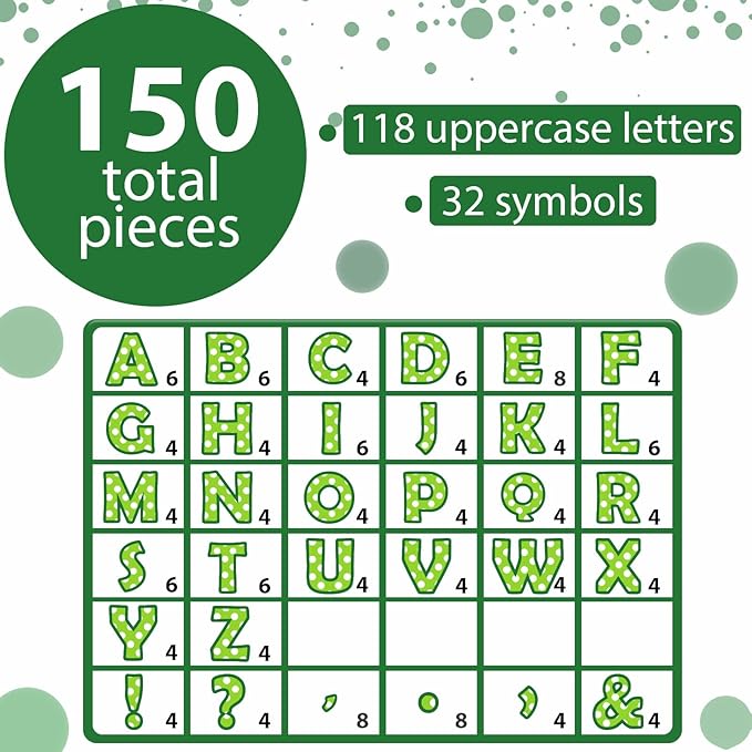 150 PCS Large 7" Bulletin Board Letters Set, Green White Polka Dots Classroom Alphabet Cutout Letter for Bulletin Board Display Home School Class, A Great Helper to Inspire Students' Learning Interest