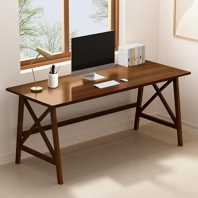 Modern Solid Wood Desk - 60" Simple Computer Table for Home Office Study Writing Workstation in Walnut, 60" W x 24" D