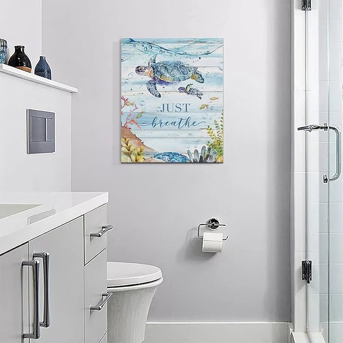 Ocean Sea Turtle Wall Art Nautical Just Breathe Pictures Wall Decor Beach Seaweed Canvas Coastal Painting Modern Artwork Home Decoration for Bathroom Living Room Bedroom Office Framed 16"x20"