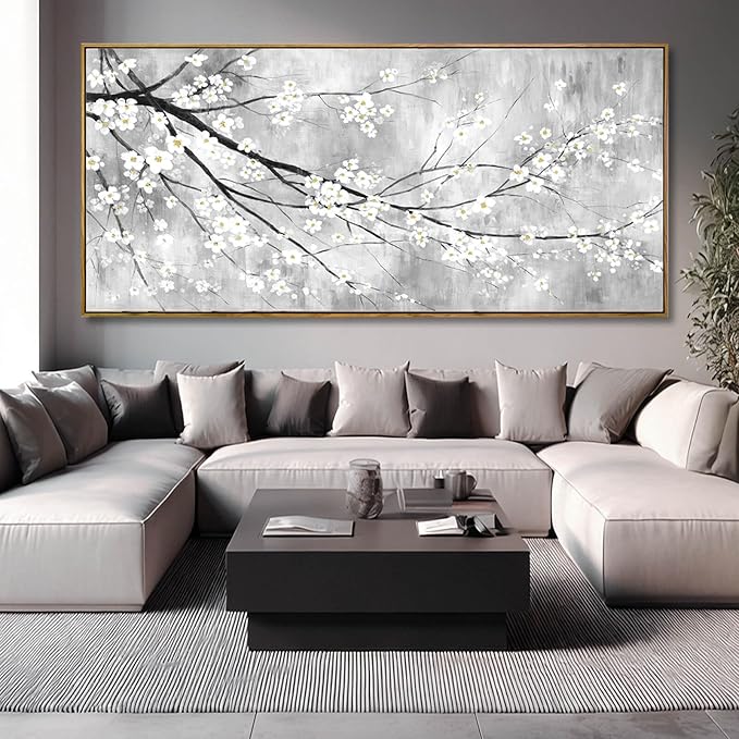 Large White Black Gray and Gold Plum Blossom Canvas Wall Art Framed Modern Zen Nature Floral Posters for Bedroom Living Room Office Hallway Wall Decor 40x88 Inch