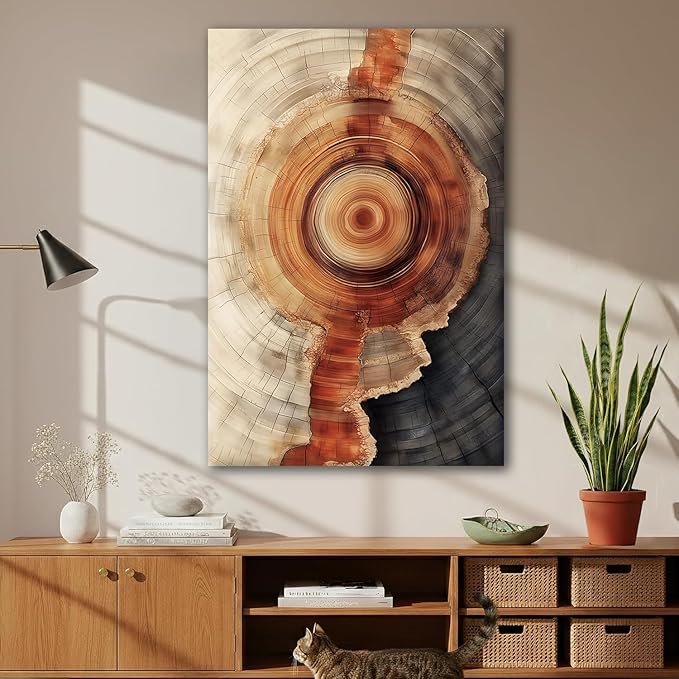 IBHJSART Framed Tree Ring Canvas Wall Art Vintage Colorful Wood Stump Painting Prints Modern Minimalist Pictures Neutral Nature Rustic Farmhouse Decor Living Room Bedroom Bathroom Office