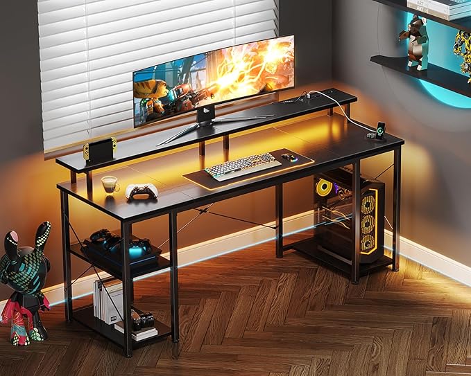 ODK 63 inch Computer Desk with Power Outlets & LED Lights, Gaming Desk with Monitor Stand & Storage Sheves, Home Office Desk, Carbon Fiber Black