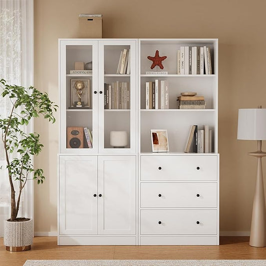 TUSY 71" H Bookshelf with Storage, 6-Tier Modern Bookshelves with 3 Large Drawer, Display Bookcase with Glass Doors, Modern 5-Tier Curio Cabinet for Home Office, Dining Room (White, AB)