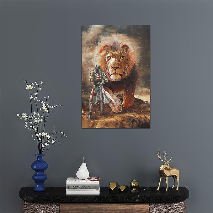 yerretin Christian Lion Of Judah Wall Art Lion Warrior Pictures Wall Decor Religious Knight Canvas Painting Home Decorations Artwork for Bathroom Bedroom Living Room Office Framed 16"x24"