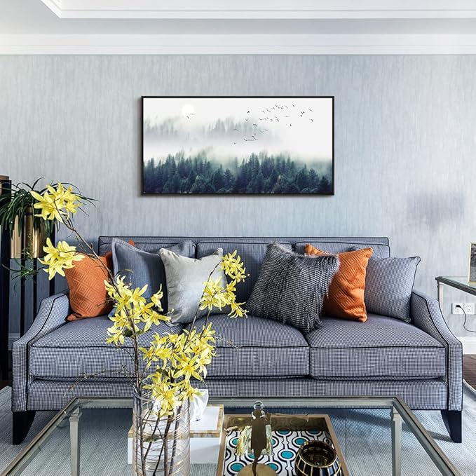 Framed Wall Decor Living Room Large Size Canvas Wall Art For Bedroom Foggy Forest Trees Landscape Painting Office Decorations Boho Home Decor Pictures Artwork Black Wood Framed 24" X 48"